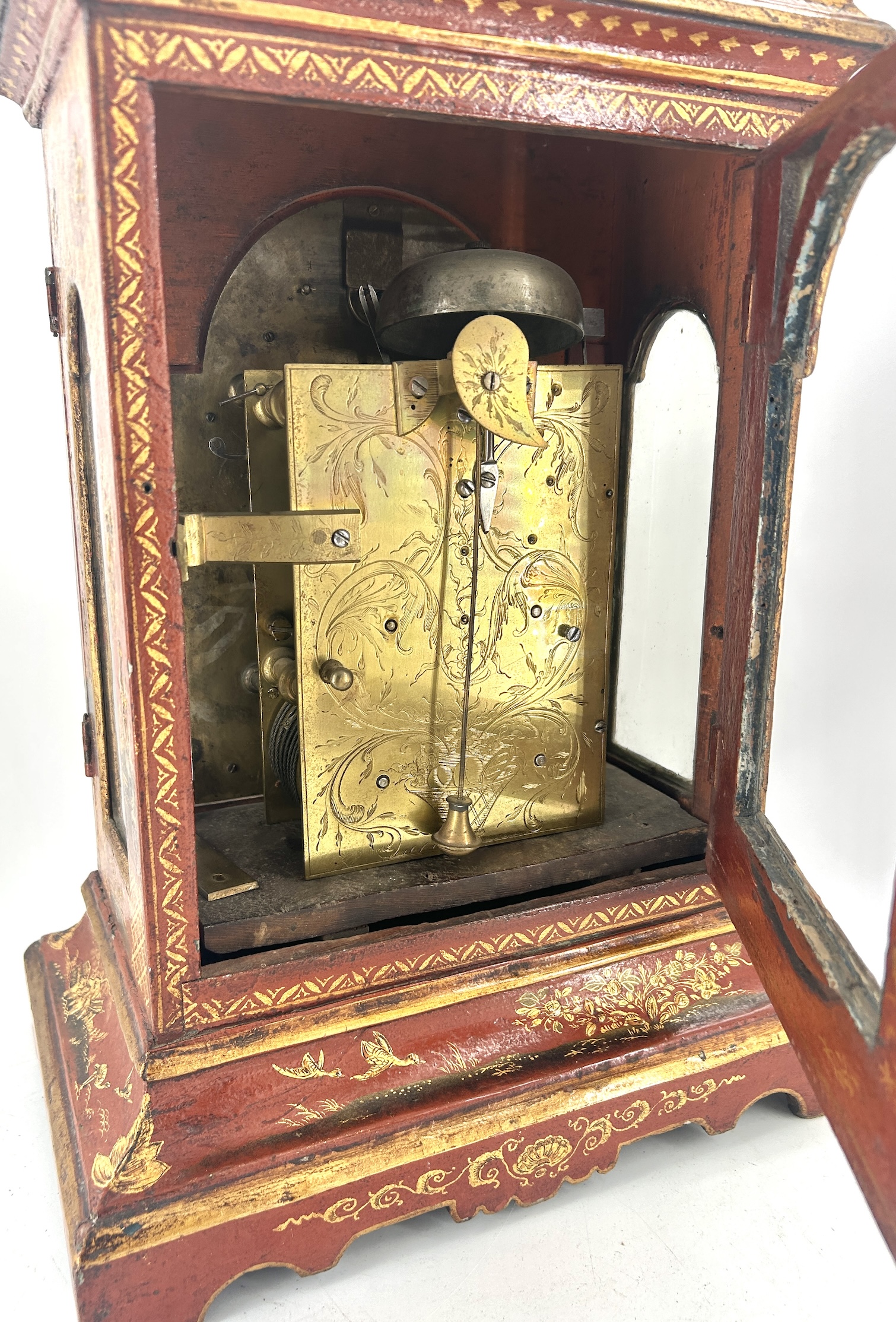 Outstanding Red Chinoiserie English Verge Twin Fusee Bracket Clock – Ca 1760 twin fusee Antique Clocks 25